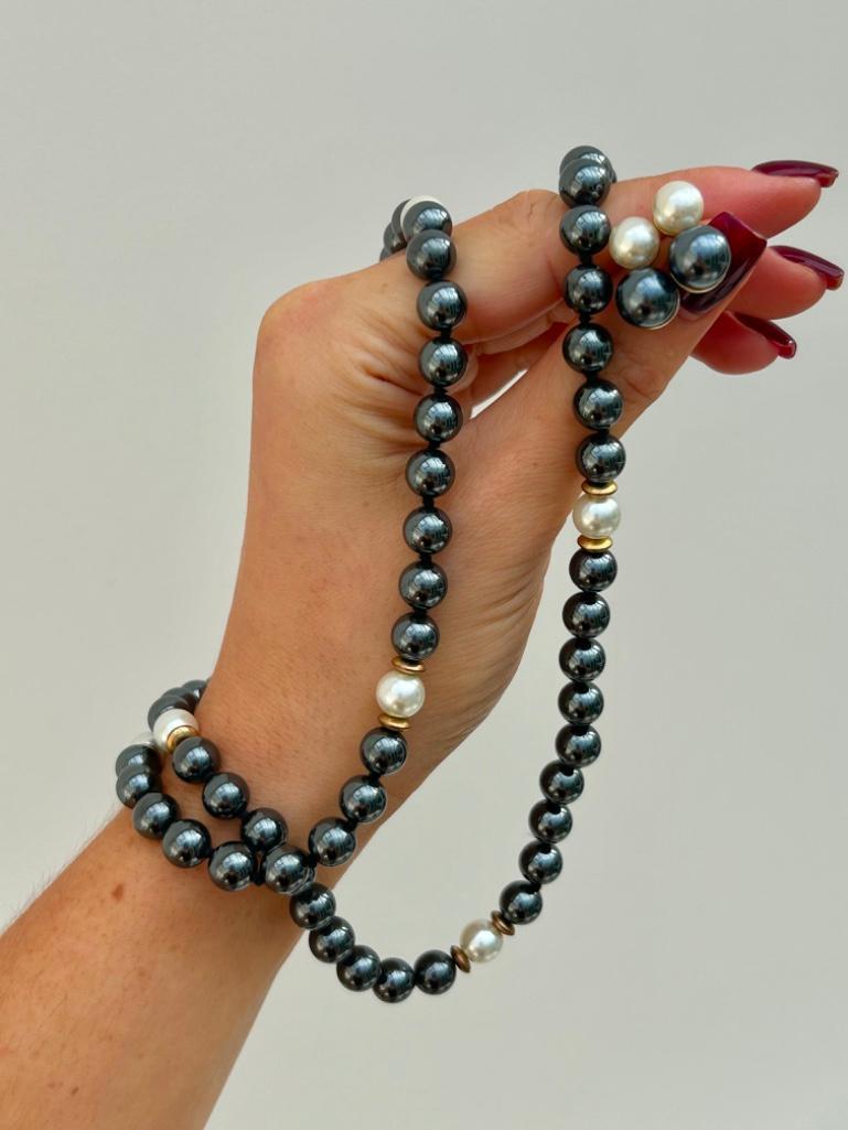 Hematite and Pearl Necklace and Earrings Set