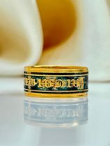 Antique C.1890 Wide Black Enamel 18ct Yellow Gold Mourning Band Ring with Inscription