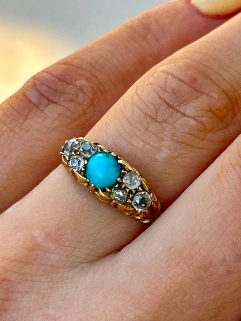 Wonderful Antique 18ct Yellow Gold Turquoise and Diamond Ring - Image 3 of 7