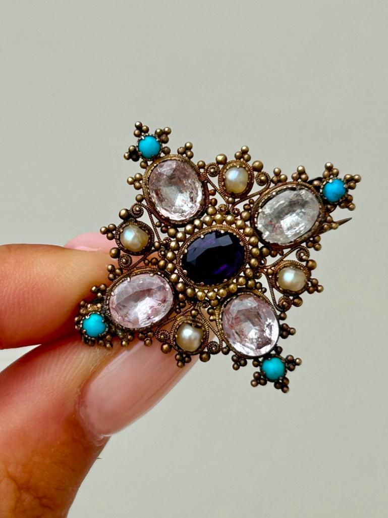 Georgian Pink Topaz, Amethyst, Pearl and Turquoise Brooch - Image 3 of 5