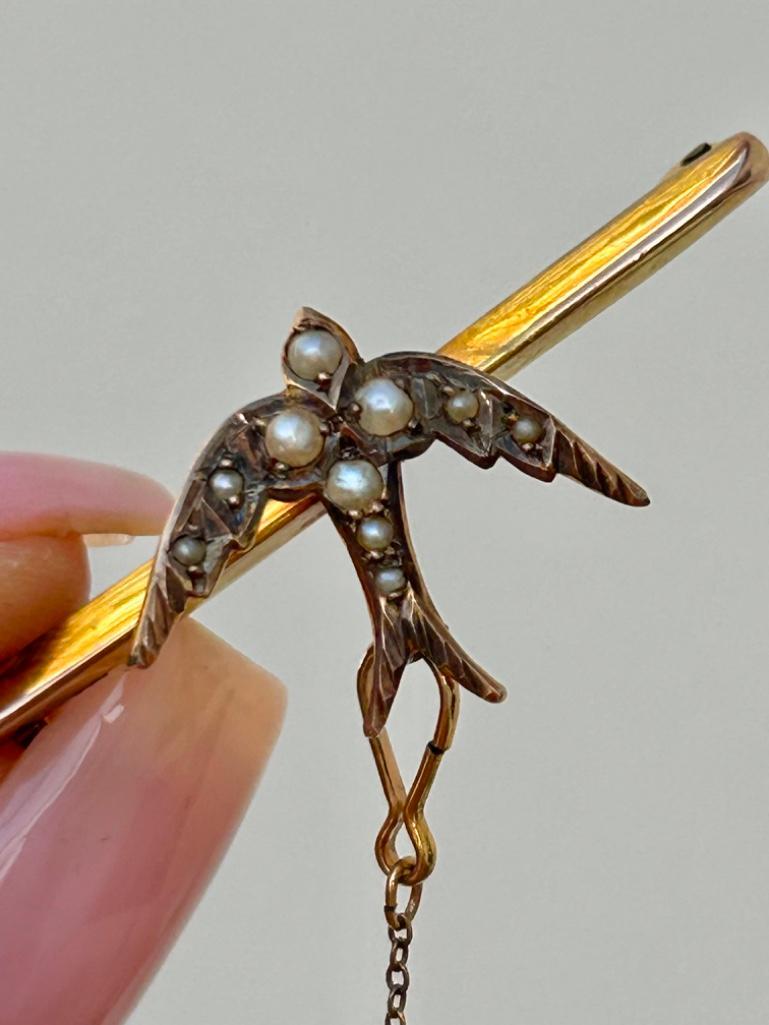Antique 9ct Gold Pearl Swallow Bird Brooch with Safety Chain