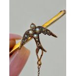 Antique 9ct Gold Pearl Swallow Bird Brooch with Safety Chain