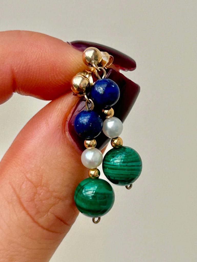 9ct Yellow Gold Malachite, Pearl and Lapis Lazuli Drop Earrings