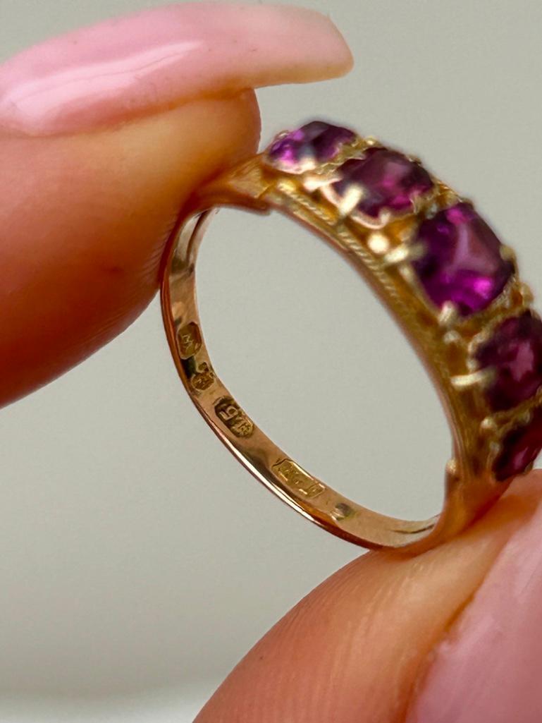 Antique 15ct Yellow Gold Amethyst 5 Stone Half Hoop Ring - Image 8 of 8