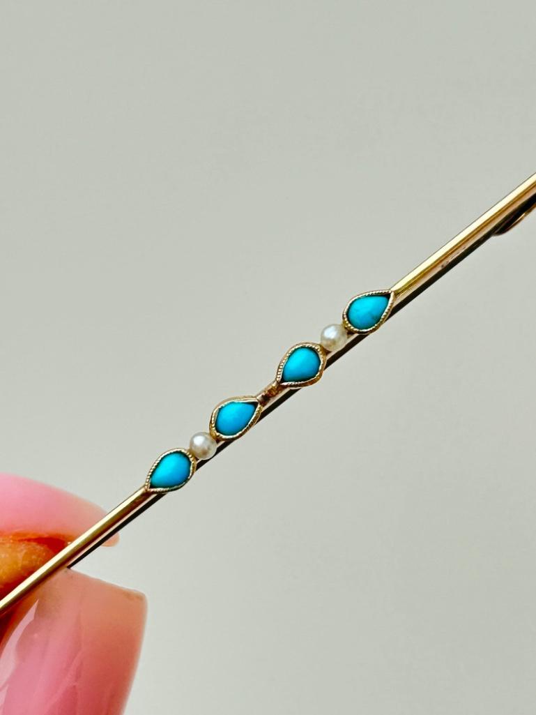 Antique Gold Pearl and Turquoise Bar Brooch Pin with Safety Chain