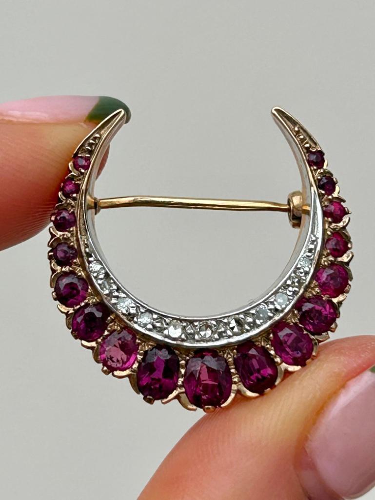 Ruby and Diamond Double Row Crescent Brooch in Gold