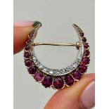 Ruby and Diamond Double Row Crescent Brooch in Gold