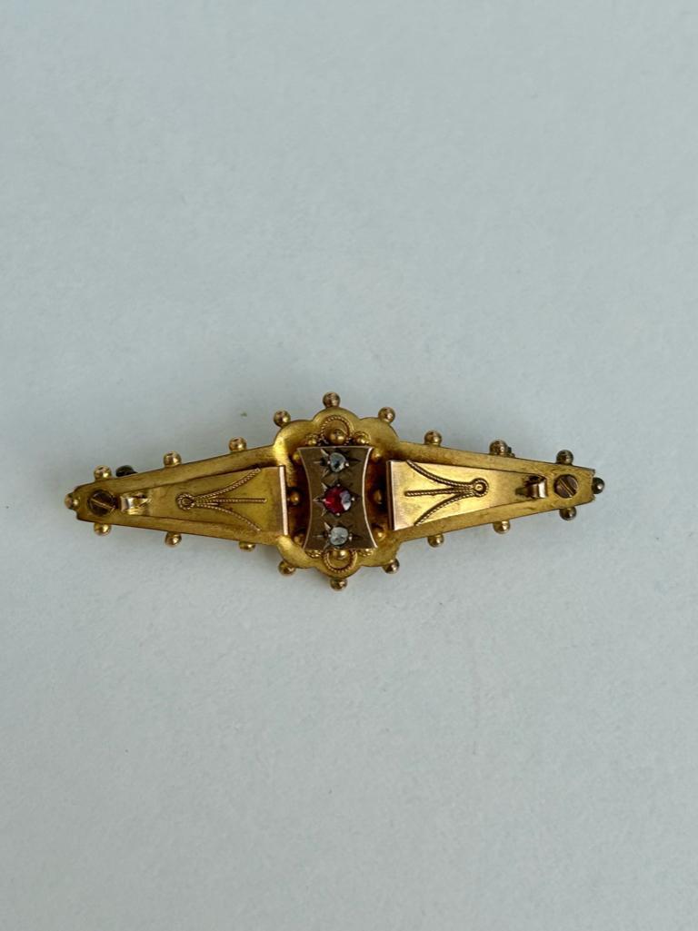 Antique Yellow Gold Ruby and Diamond 3 Star Bar Brooch - Image 4 of 6