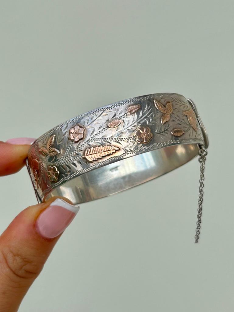 Victorian Era Chunky Silver Gold Overlay Bangle Bracelet - Image 4 of 4