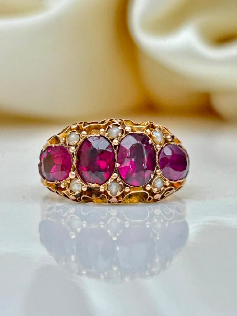 Antique 15ct Yellow Gold Garnet and Pearl Unusual Ring