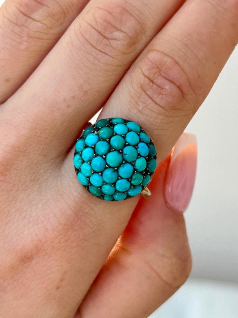 Antique 9ct Gold Turquoise Bombe Cluster Ring - Image 2 of 9