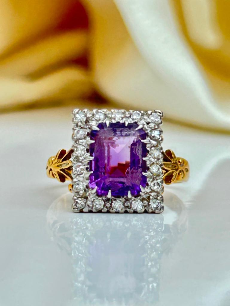 18ct Yellow Gold and Platinum Set Amethyst and Diamond Ring