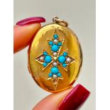 Antique 15ct Yellow Gold Turquoise and Pearl Locket Pendant