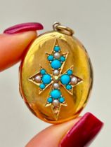 Antique 15ct Yellow Gold Turquoise and Pearl Locket Pendant