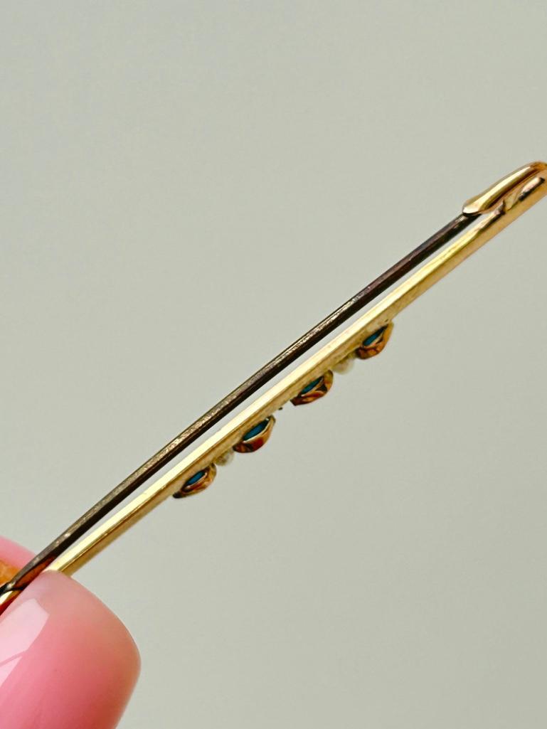 Antique Gold Pearl and Turquoise Bar Brooch Pin with Safety Chain - Image 5 of 5