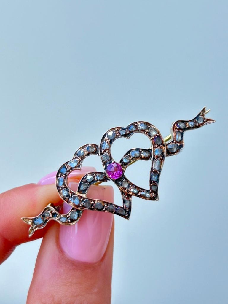 Antique Double Diamond and Ruby Double Hearts Brooch In Gold - Image 8 of 9