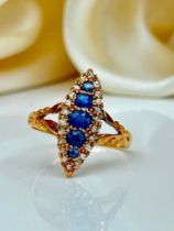 Wonderful Gold Sapphire and Diamond Navette Ring