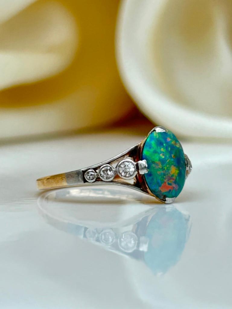 Art Deco Era 18ct Gold Black Opal and Diamond Ring - Bild 8 aus 8