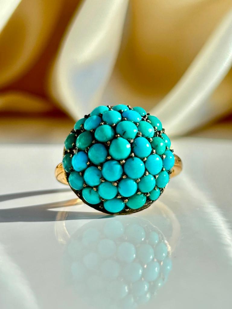 Antique 9ct Gold Turquoise Bombe Cluster Ring