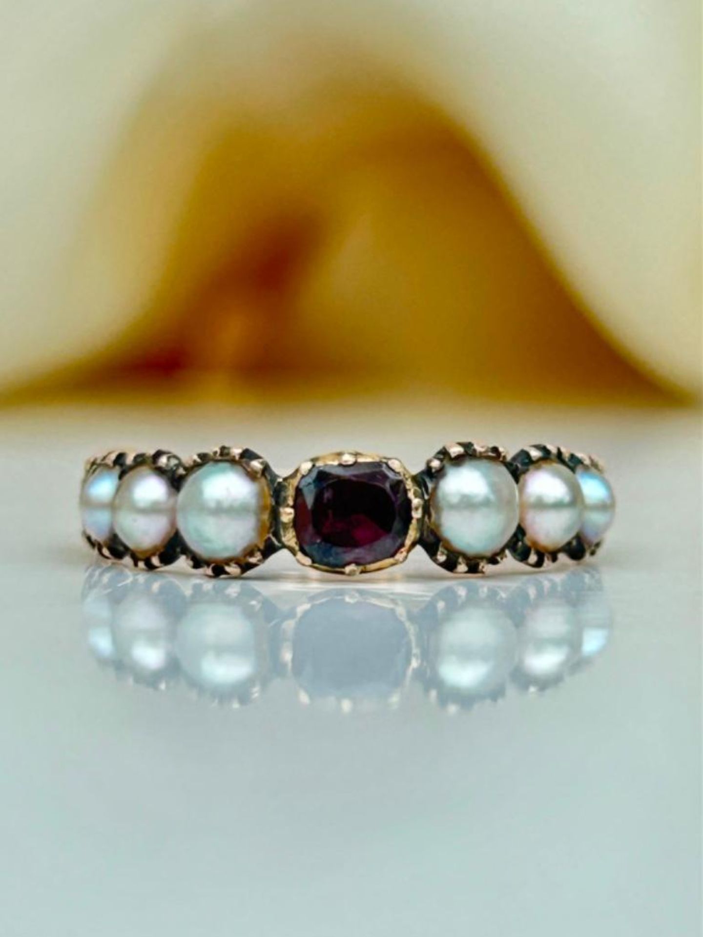 Georgian Flat Cut Garnet and Pearl Half Hoop Ring in Gold