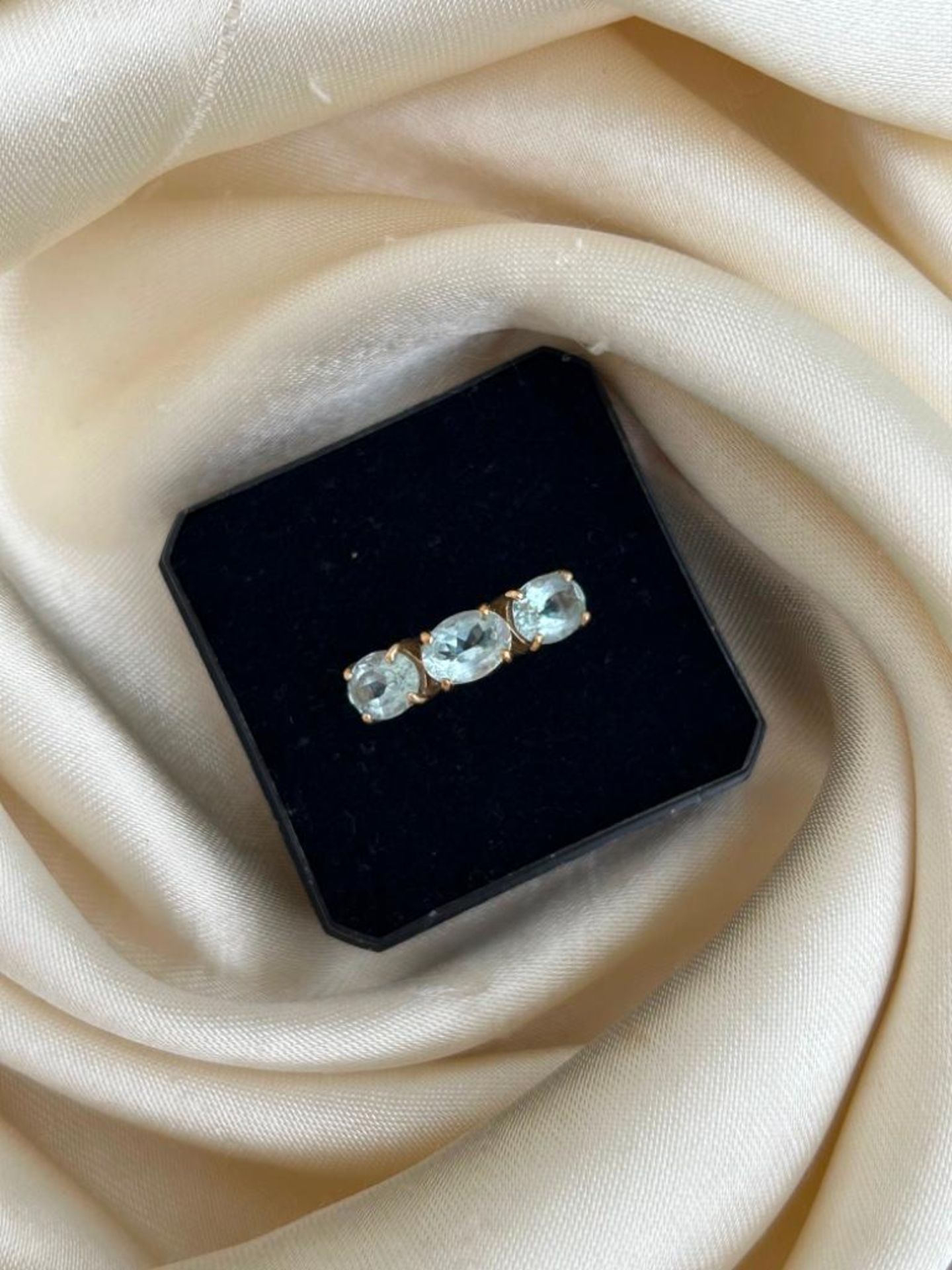 Sweet Aquamarine 3 Stone Ring with Diamond Shoulders in Gold - Image 4 of 7