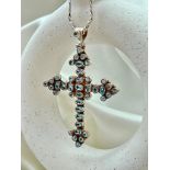 Huge Blue Topaz Cross Pendant on Silver Chain Necklace