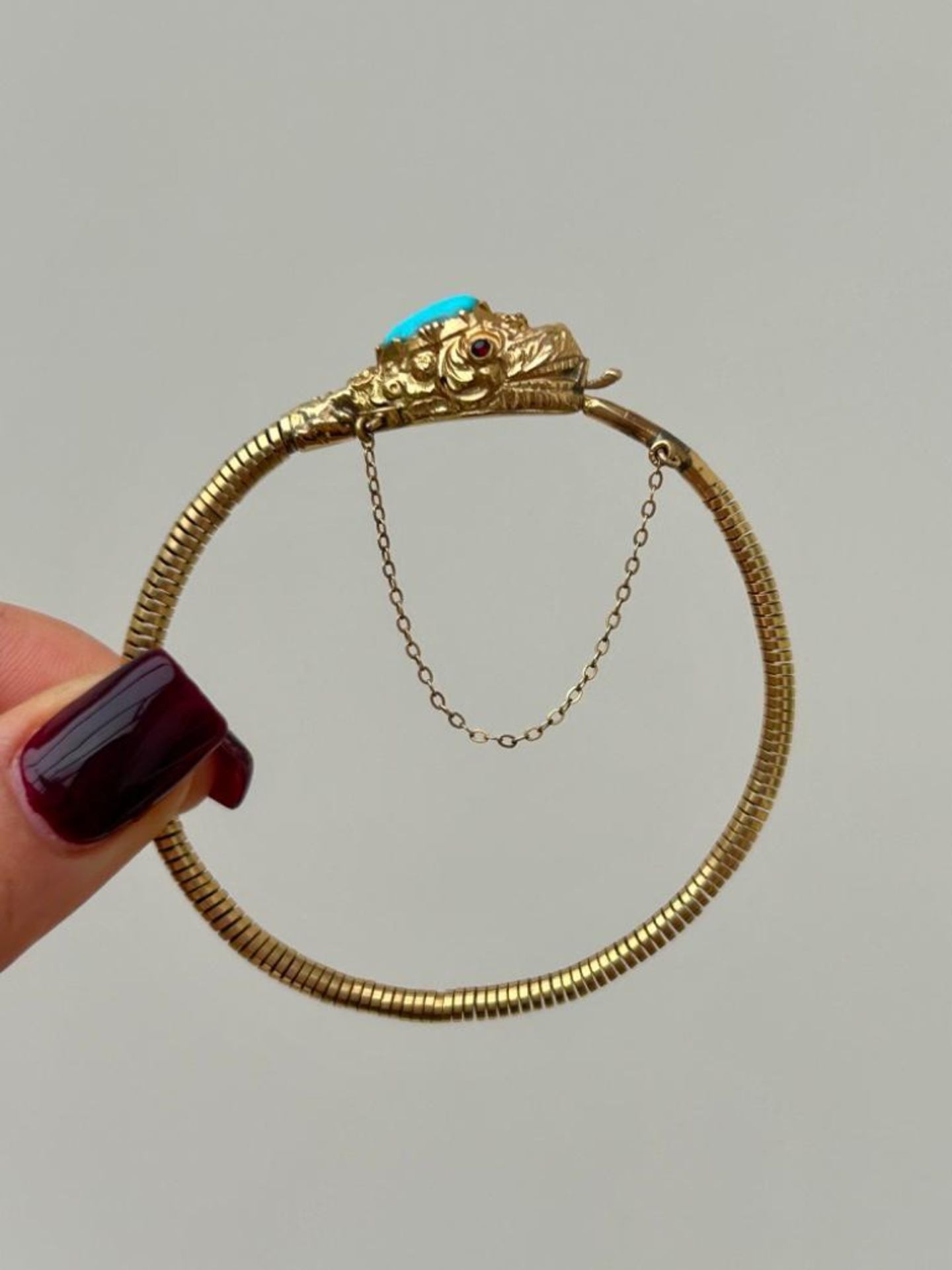 Antique 18ct Yellow Gold Snake Bangle with Turquoise Head in Box - Image 9 of 12
