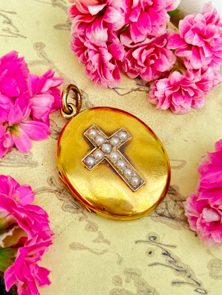 Antique 18ct Yellow Gold Pearl Cross Locket Pendant