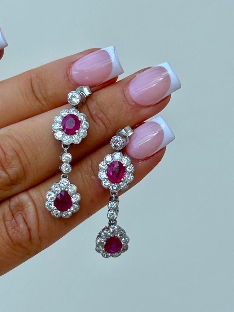 Stunning 18ct White Gold Ruby and Diamond Drop Earrings with Heart Detail Gallery - Image 3 of 6