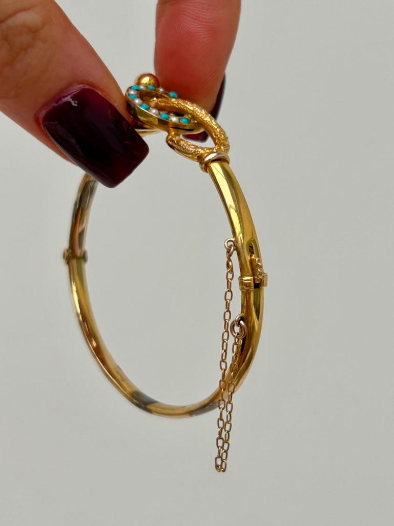 Antique 9ct Yellow Gold Turquoise and Pearl Bangle in Box - Image 6 of 8