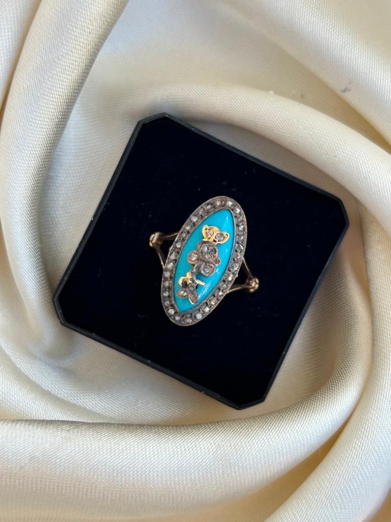 Amazing Antique Rose Cut Diamond and Blue Enamel Panel Ring in Gold - Image 8 of 8