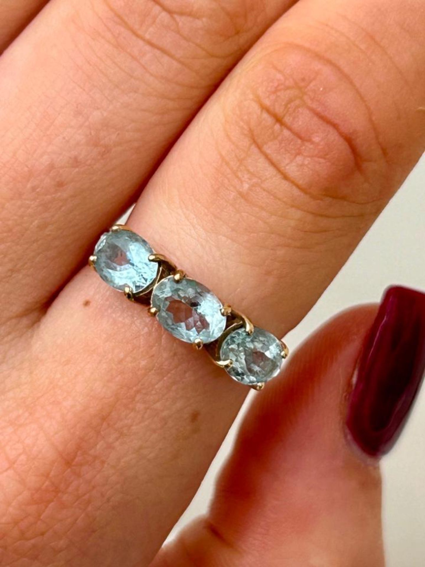 Sweet Aquamarine 3 Stone Ring with Diamond Shoulders in Gold - Image 2 of 7