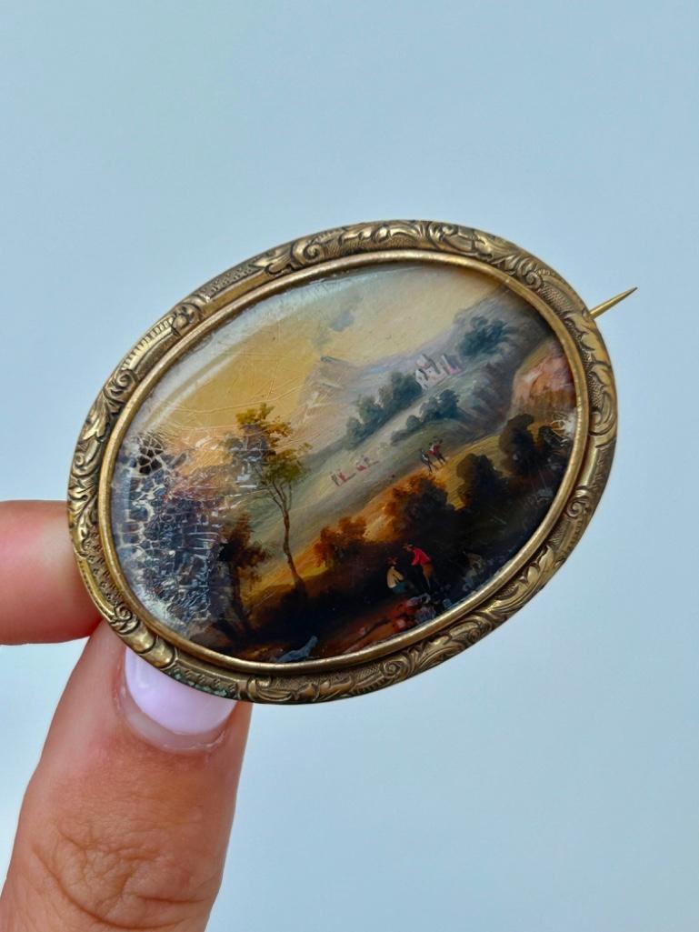 Antique Hand Painted Large Brooch