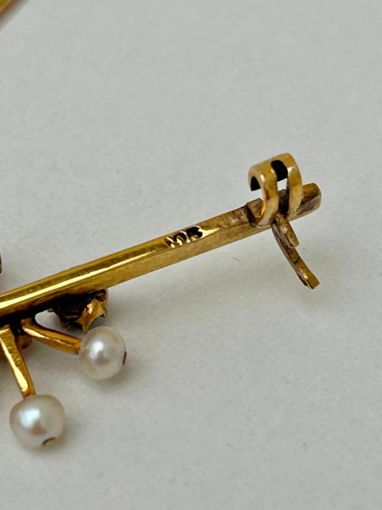 Antique Diamond Ruby Pearl and Sapphire Gold Bar Brooch - Image 6 of 6