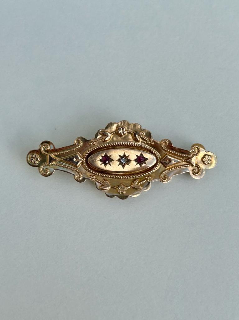 Antique Yellow Gold Ruby and Diamond Locket Back Star Bar Brooch - Image 4 of 6