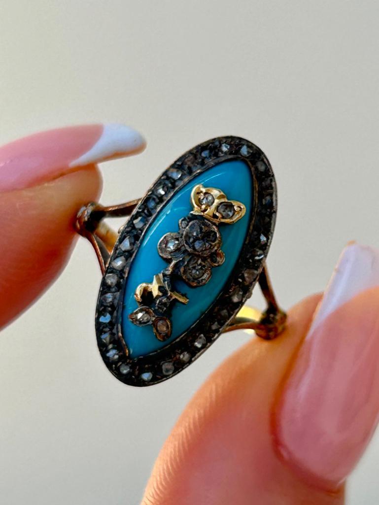 Amazing Antique Rose Cut Diamond and Blue Enamel Panel Ring in Gold - Image 6 of 8