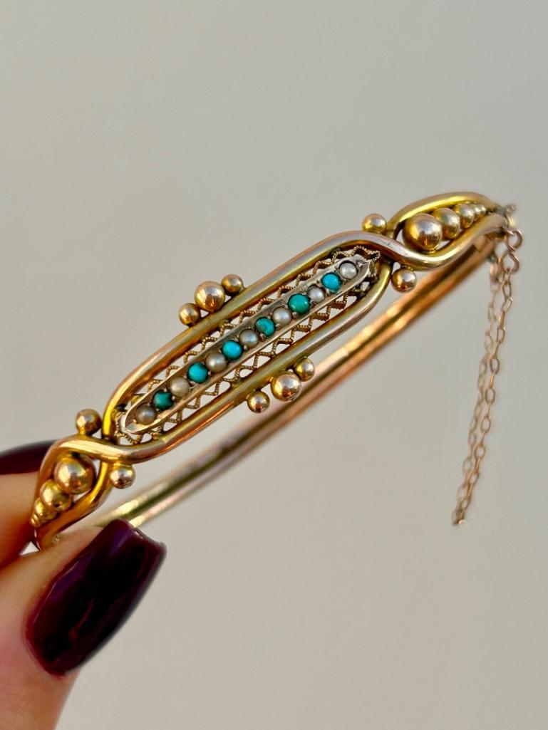 Wonderful Antique Pearl and Turquoise Bangle Bracelet - Image 4 of 7