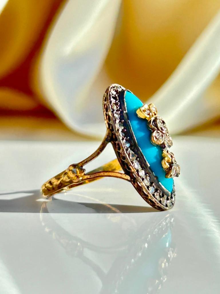 Amazing Antique Rose Cut Diamond and Blue Enamel Panel Ring in Gold - Image 2 of 8