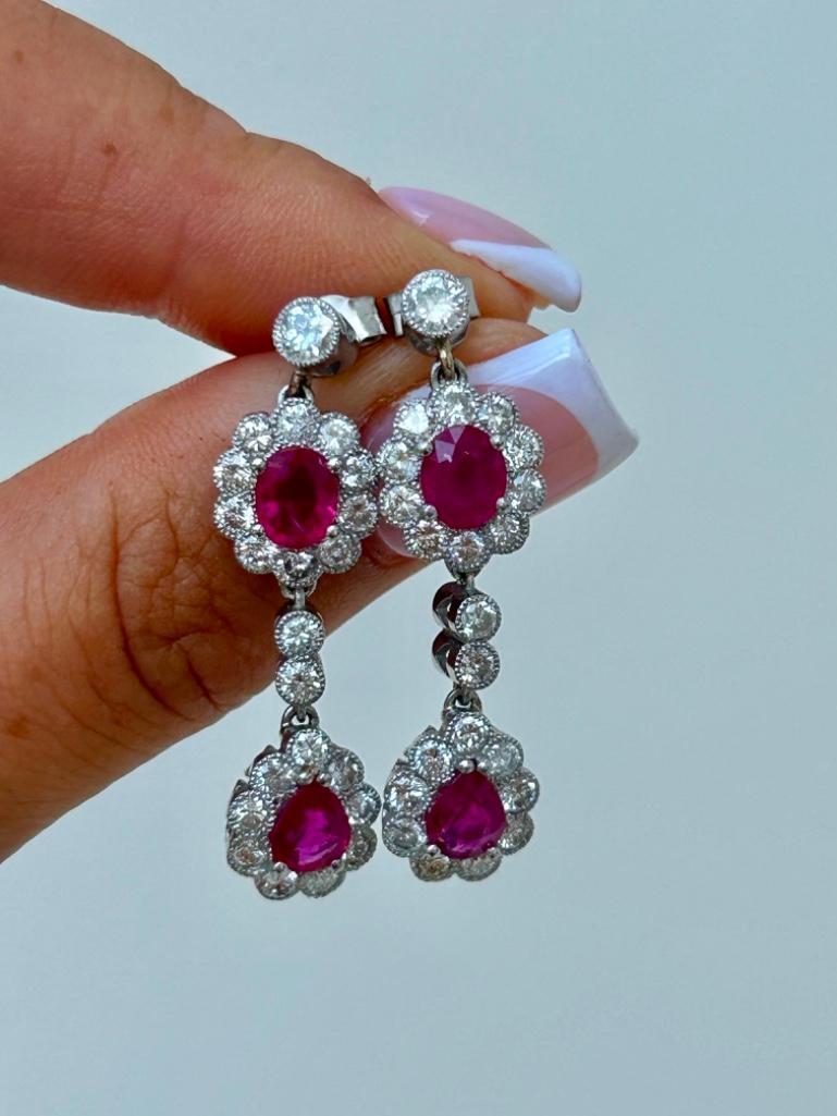 Stunning 18ct White Gold Ruby and Diamond Drop Earrings with Heart Detail Gallery - Image 4 of 6