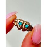 Antique 9ct Gold Turquoise Double Hearts Ring