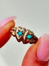 Antique 9ct Gold Turquoise Double Hearts Ring