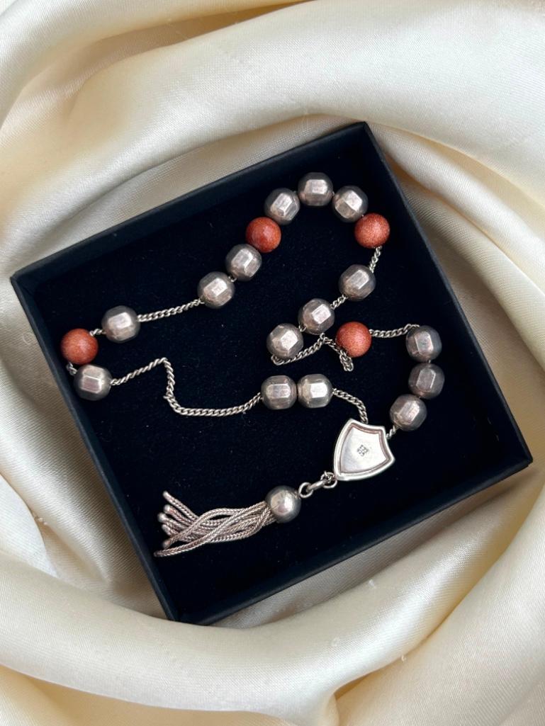 Silver and Gold Stone Beads Bracelet with Heart and Tassel - Image 2 of 3