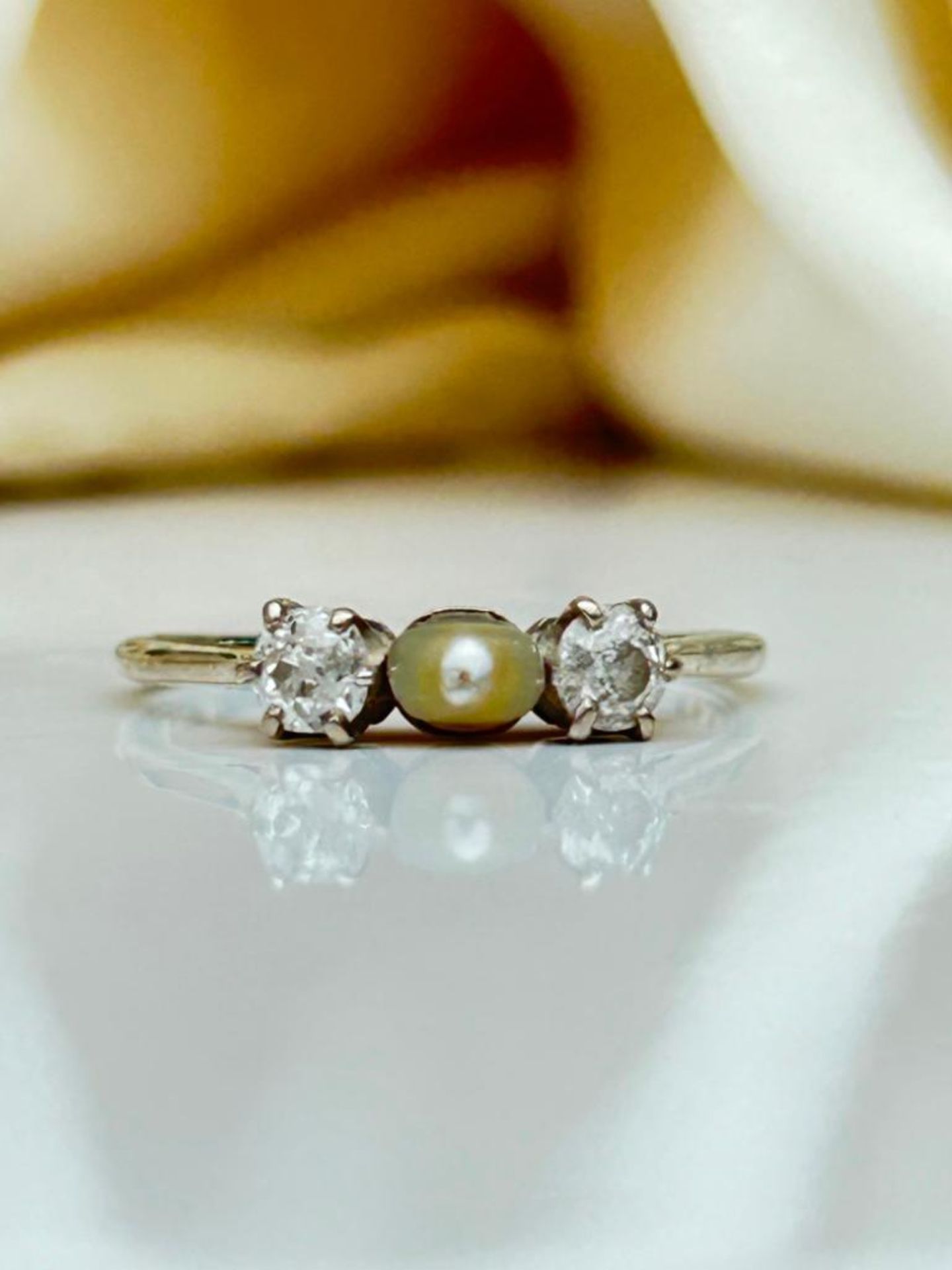 Antique White Gold Pearl and Diamond 3 Stone Ring