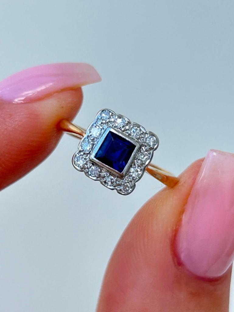 Sweet Antique Sapphire and Diamond Square Ring in 18ct Yellow Gold