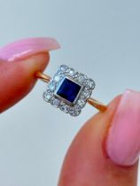 Sweet Antique Sapphire and Diamond Square Ring in 18ct Yellow Gold