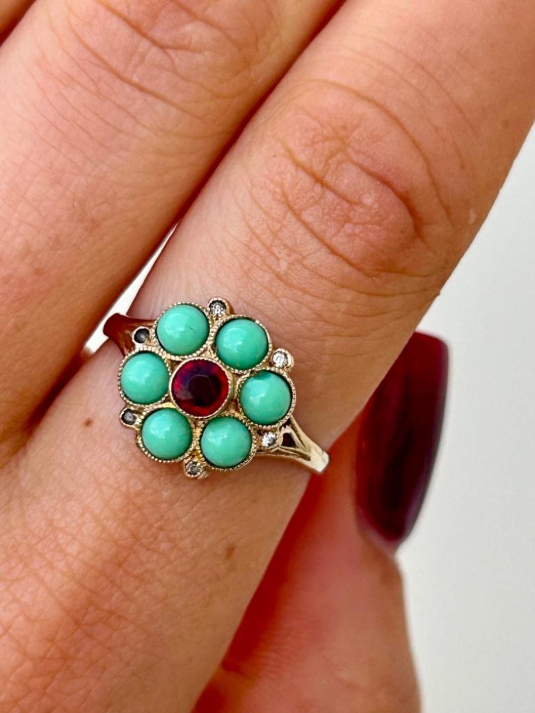 9ct Yellow Gold Turquoise and Garnet Flower Ring - Image 3 of 8