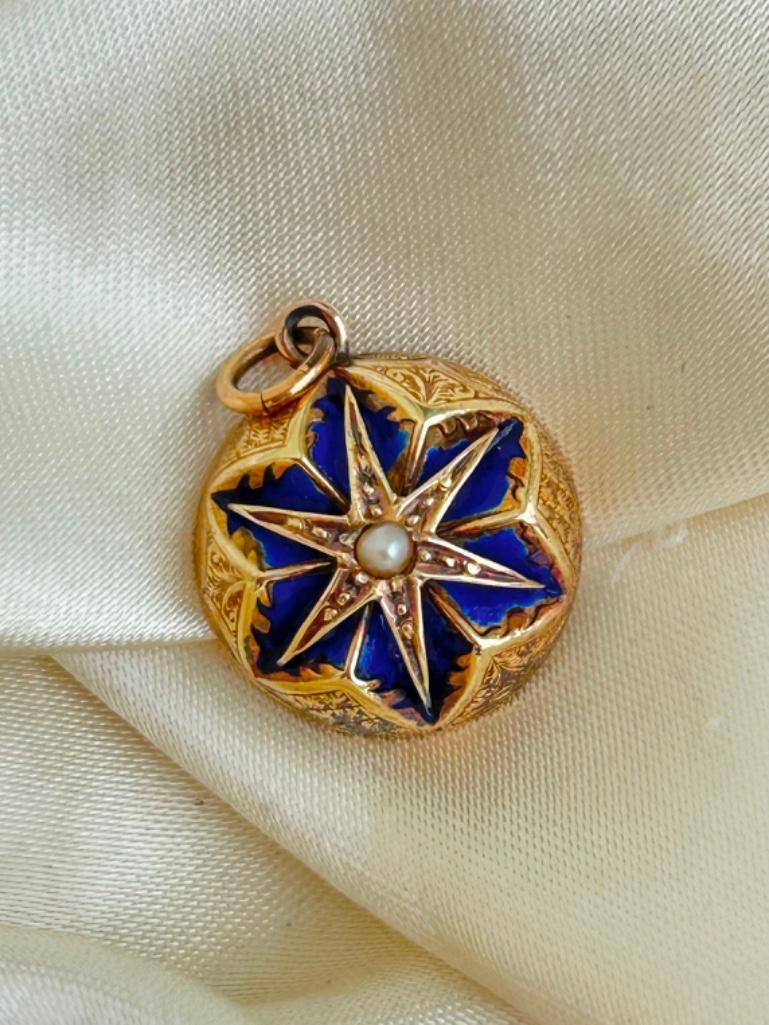 Antique Gold Blue Enamel and Pearl Star Locket Back Pendant