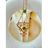 Amazing 15ct Yellow Gold Peridot Pearl and Ruby Pendant