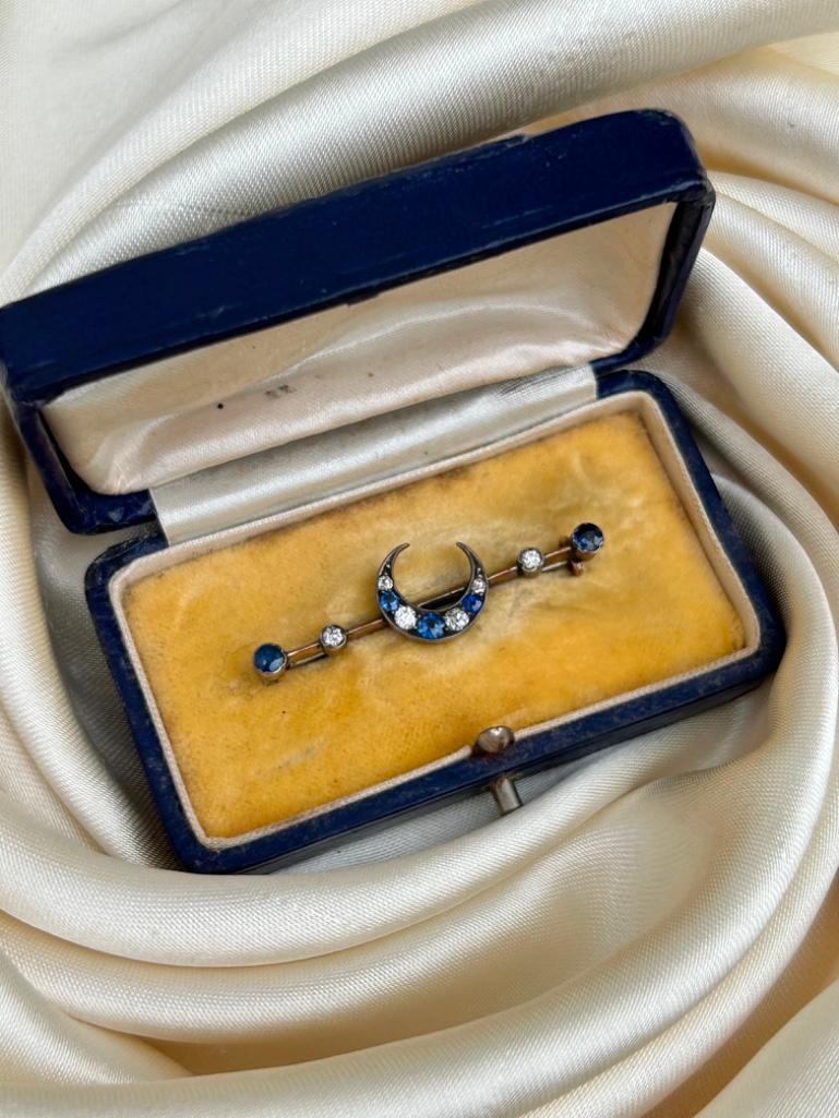 Antique Gold Sapphire and Diamond Crescent Bar Brooch in Antique Box - Image 4 of 5