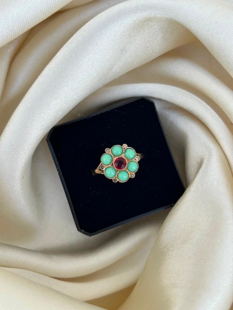9ct Yellow Gold Turquoise and Garnet Flower Ring - Image 5 of 8